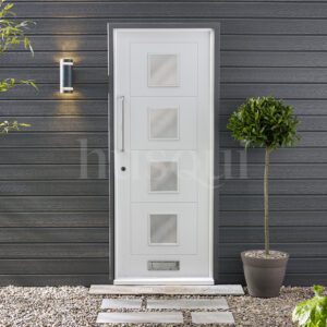 Grey composite cladding on exterior wall surrounding a white front door with gravel pathway