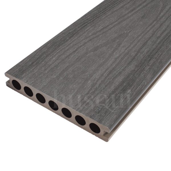One length of grey wood grain open core decking
