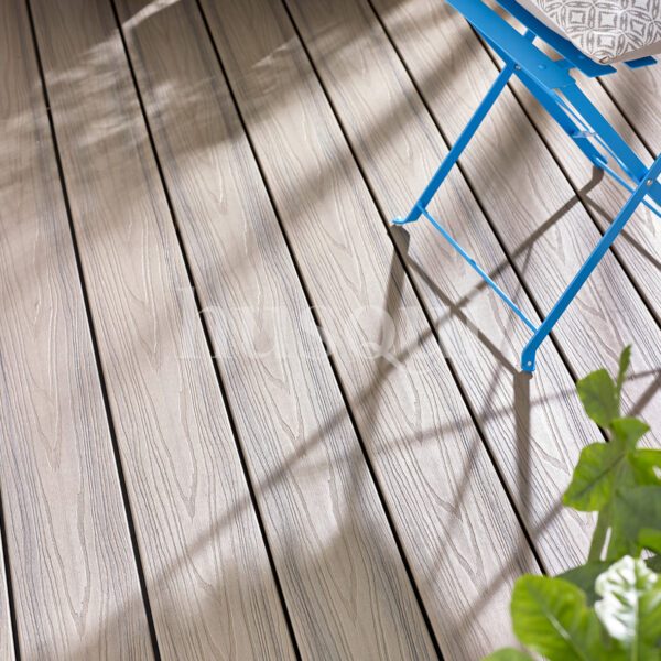 Light walnut decking with electric blue bristro chair