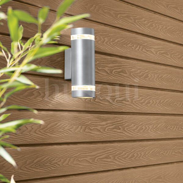 Teak cladding on wall with silver outdoor up/down light