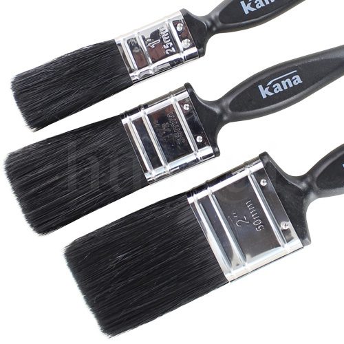 3 multi sized black handled paint brushes