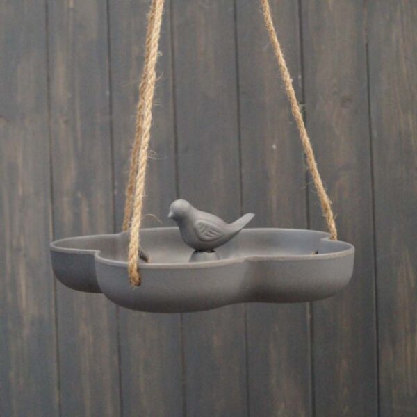 Grey coloured bird feeder made of recycled materials