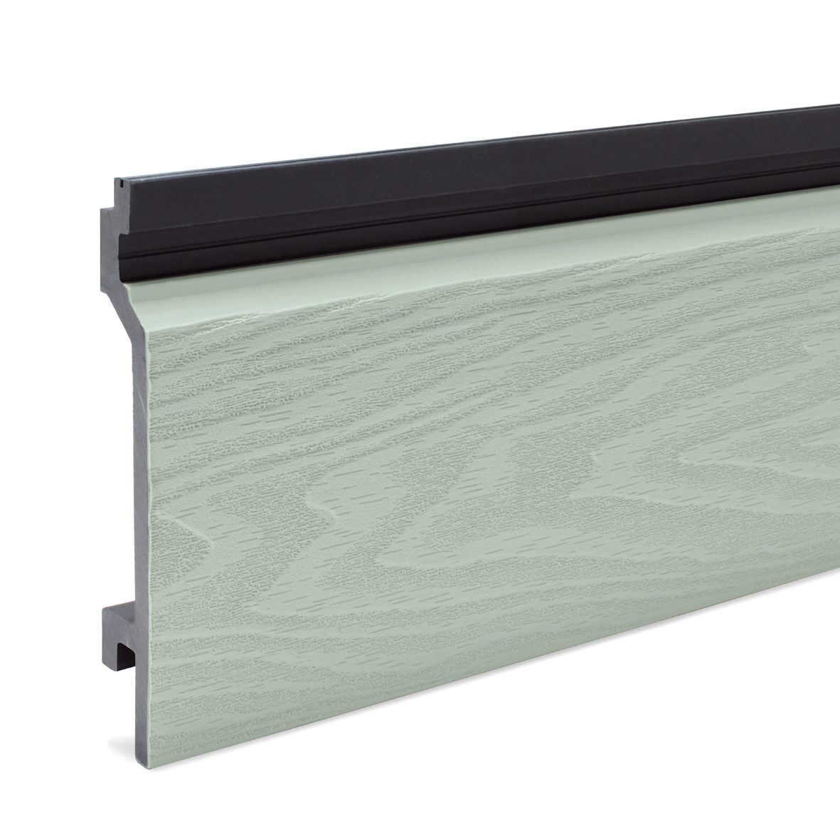 Close up of Sage Cotswold composite cladding board with deep contours giving a realistic wood grain effect