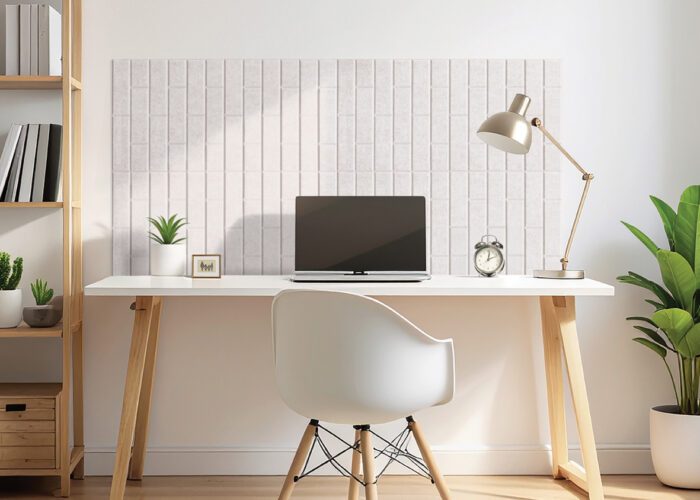 Creamy taupe Recycled PET Acoustic wall panels in a tiled design from Husqui positioned behind a desktop in two rows. Desk top has a laptop, plant and desk lamp.