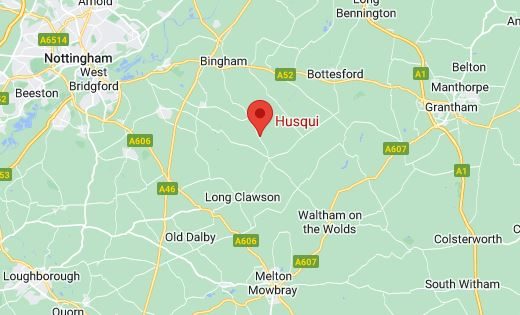 Map showing the location of Husqui HQ for customers wanting to collect their orders. Husqui is centrally positioned between Nottingham, Grantham, Loughborough, and Melton Mowbray.